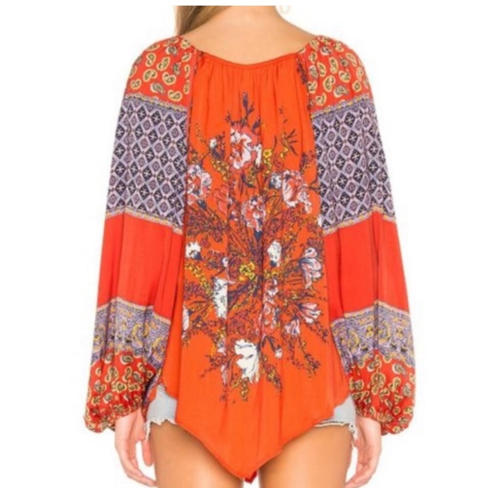 Free People Positano Boho Printed Floral Balloon Sleeve Blouse Top Size Small - Picture 4 of 14